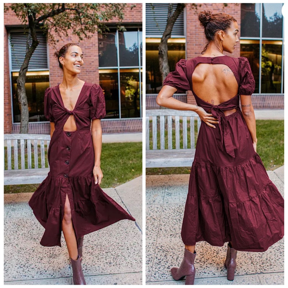 Lulus Midi Dress Wmns XS Burgundy Cottagecore Puff Sleeve Tiered Back Cutout Tie